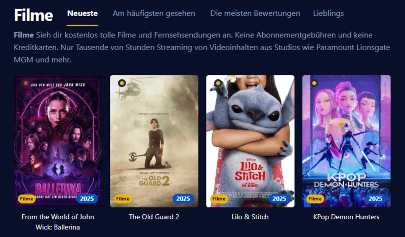 Bildschirmfoto der Filmpalast Oberfläche die verschiedene Filmtitel und Serienepisoden zeigt